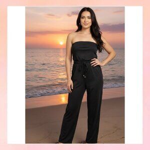 Dotti Black Strapless Smocked Waist Wide Leg Jumpsuit - NWT